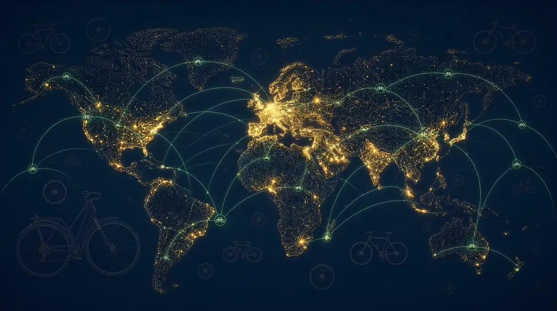 Glowing world map showing cycling routes across all continents